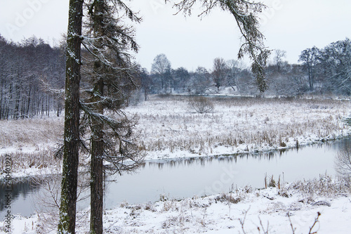 Winter. Christmas and New Year. Forest River is waiting for severe frosts. Winter landscape