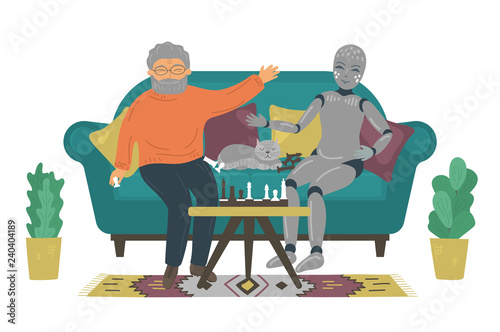 Senior man playing chess with robot on sofa at home.