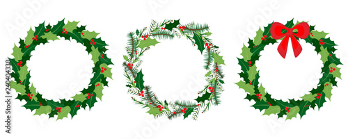 Vector Christmas wreath set with winter floral elements. Season greeting card. Vector illustrationSeason greeting card. Vector illustration photo