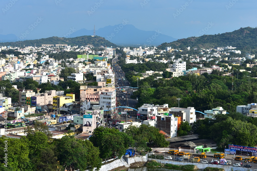 Namakkal, Tamilnadu - India - October 17, 2018: Namakkal cityscape from Rockfort