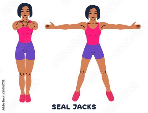 Seal Jacks. Sport exersice. Silhouettes of woman doing exercise. Workout, training.