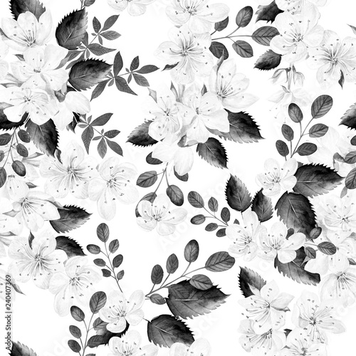 Watercolor pattern with spring flowers and green leaves.