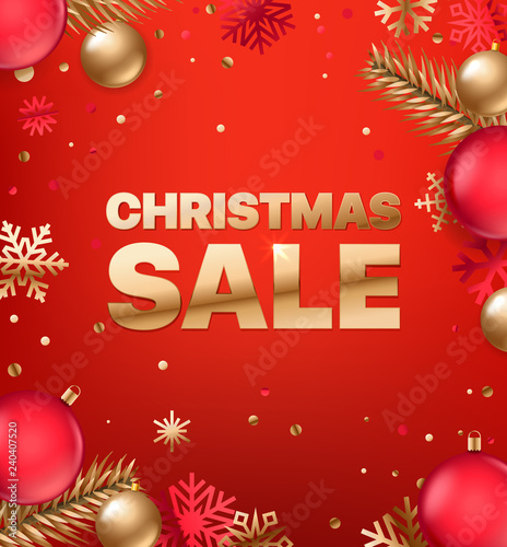Christmas sale inscription. Golden text on red background. banner, poster, logo golden
