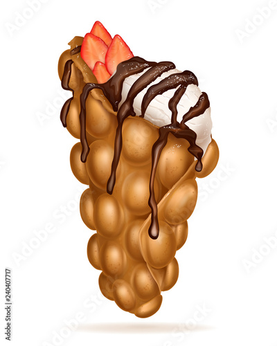 Appetizing Hong Kong egg bubble waffle with ice-cream ball, sliced strawberries, abundantly poured with chocolate topping realistic vector illustration isolated on white background. Fast food sweets