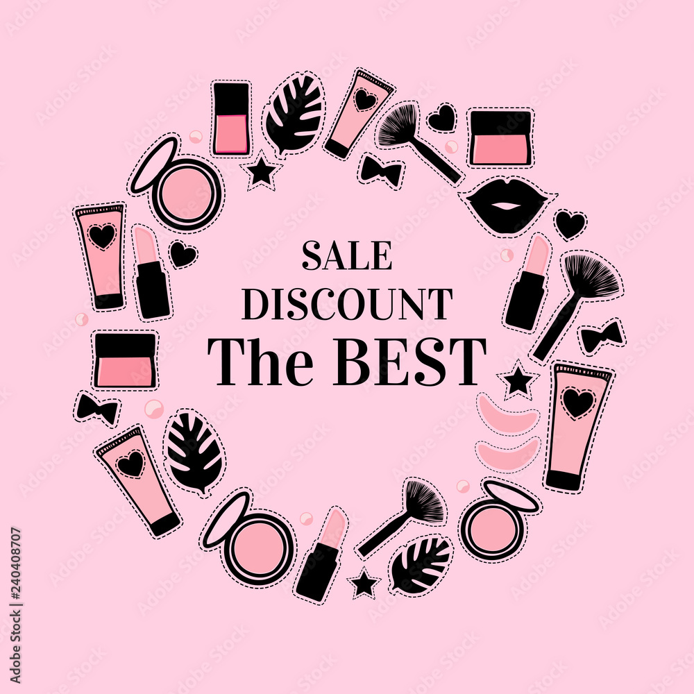 Sale banner beauty makeup trendy style Round frame with abstract cosmetic  bottles. Vector illustration isolated on pink background Stock Vector |  Adobe Stock
