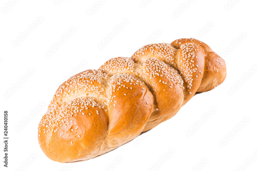 Delicious baguette with sesame on white isolate background Fresh pastries, bakery, cafe