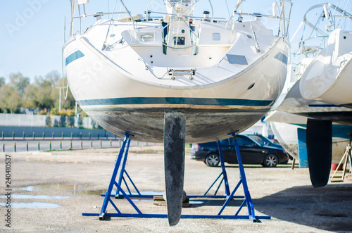 boat on repair in dry dock. Propeller. Athens, Greece