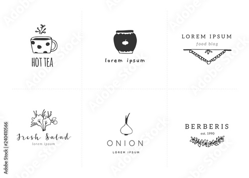 Hand drawn vector objects. Logo templates for kitchen and food.