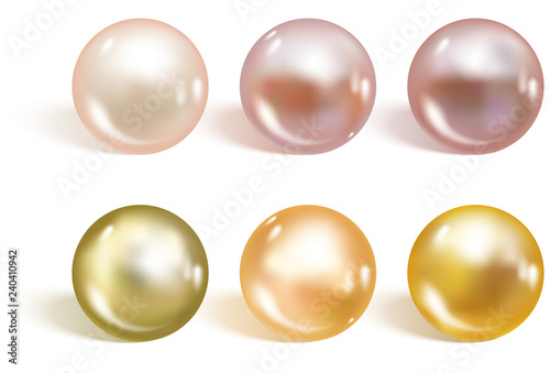 Realistic different colors pearls set. Round colored nacre formed within the shell of a pearl oyster, precious gem. Vector illustration
