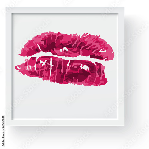 Lipstick kiss print. Female sexy red lips. Sexy lips makeup, kiss mouth, modern frame and place for text