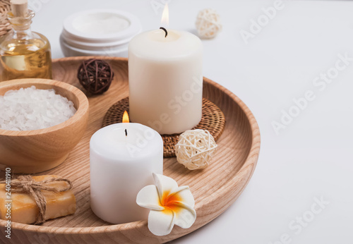 Candles  body care products and accessories on the white background
