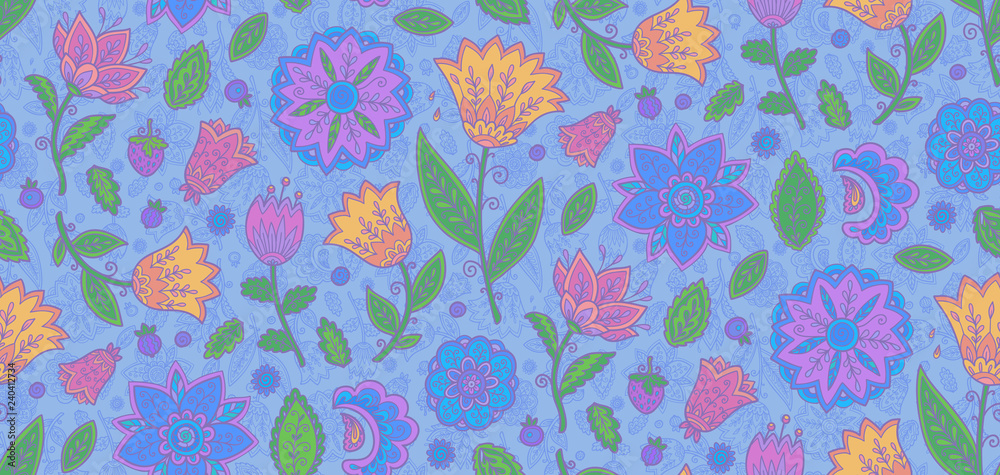 Blue vintage ornate violet flowers vector seamless textile pattern tile