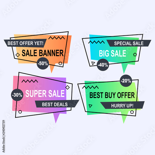 Sale banner collection, discount tag, special offer. Website stickers on a geometry memphis colorful abstract background, web design. Vector illustration.