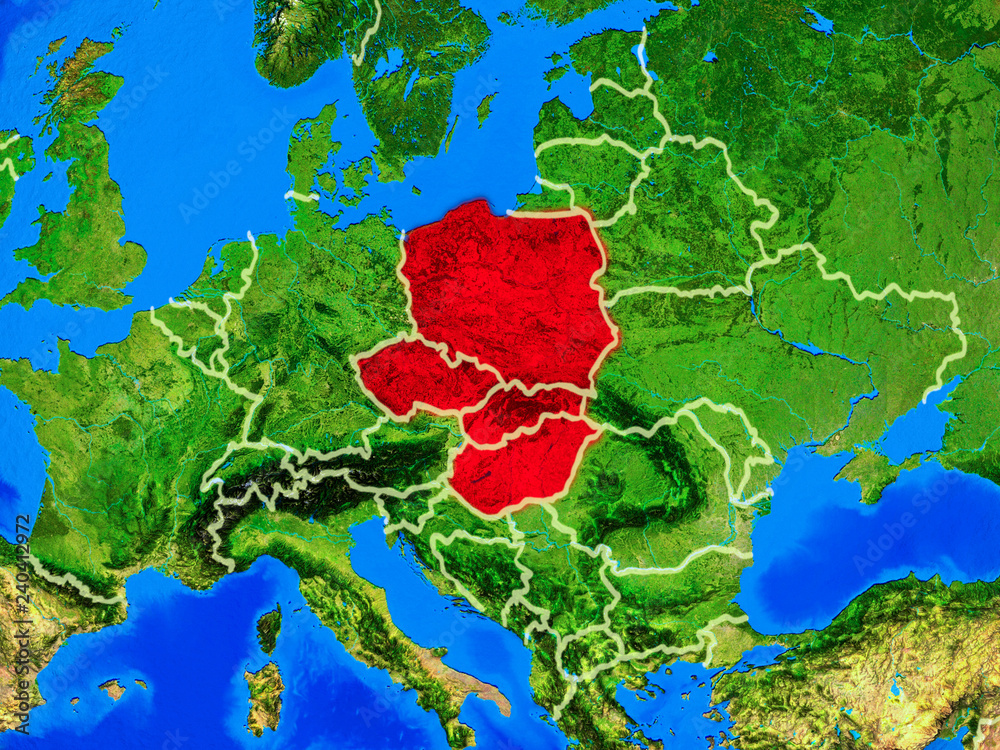 Visegrad Group from space on model of planet Earth with country borders and very detailed planet surface.