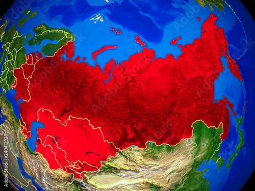Former Soviet Union from space on model of planet Earth with country borders and very detailed planet surface.