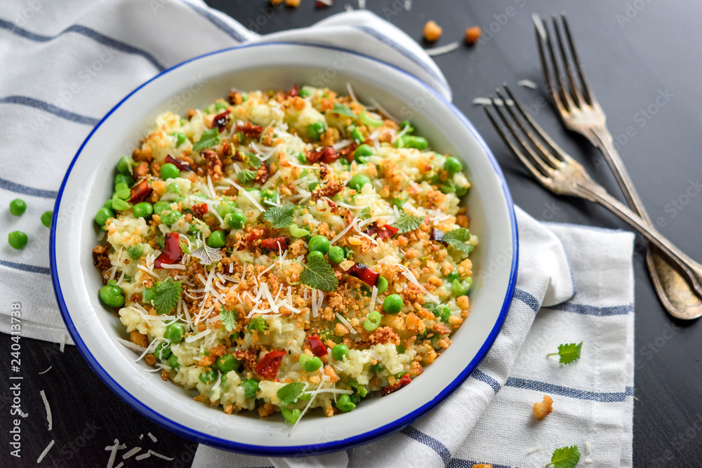 Easy peasy risotto chilli mint crumbs