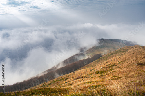 Big clouds and fog in the mountains. Bieszczady National Park - Poland