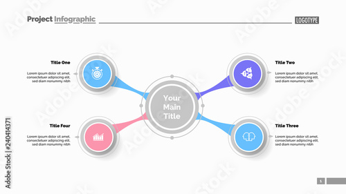 Four option diagram slide template. Business data. Project, mindmap, design. Creative concept for infographic, presentation, report. Can be used for topics like planning, workflow, education