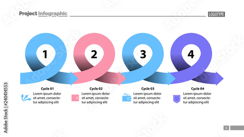 Four points process chart slide template. Business data. Scheme, step, design. Creative concept for infographic, presentation, report. Can be used for topics like marketing, planning, production.
