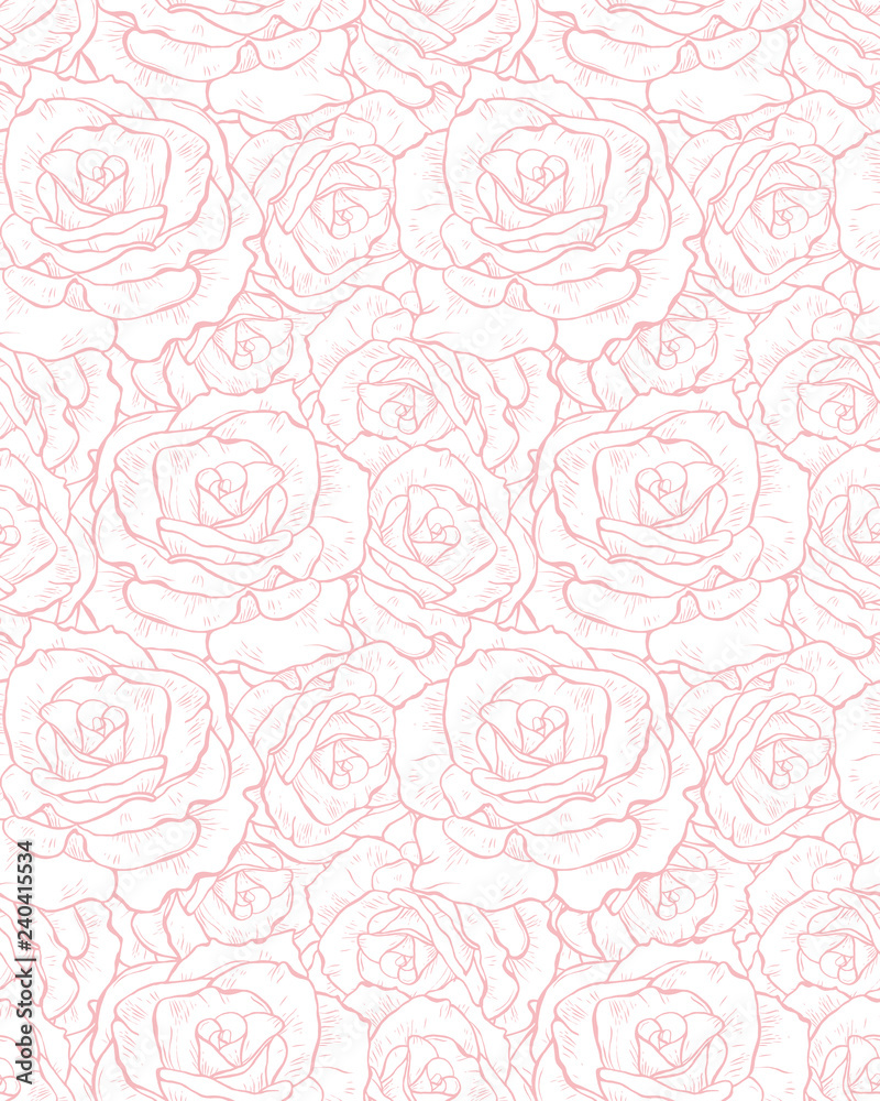 Lovely Floral Print with Pink Roses Ideal for Fabric, Textile, Wrapping  Paper. .Light Pink Rose Flowers Isolated on a White Background. Subtle  Pastel Color Drawing. Stock Vector