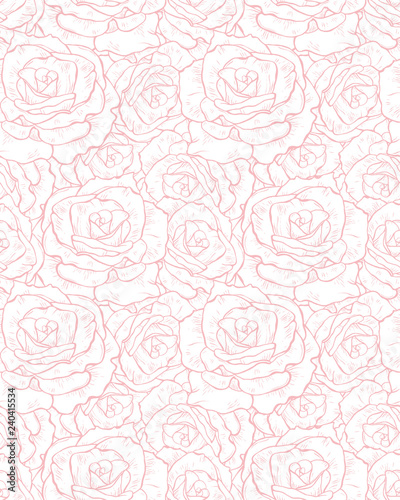 Lovely Floral Repeatable Print with Pink Roses. Seamless Vector Pattern with Light Pink Rose Flowers Isolated on a White Background. Subtle Pastel Color Drawing.  