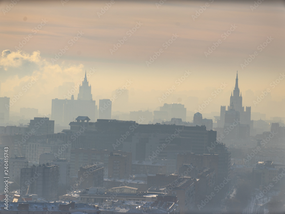 Aerial view of Moscow city in the morning, sunny day