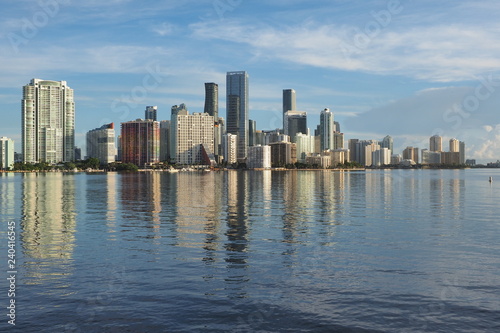 Miami  Florida 09-08-2018 City of Miami skyline and its reflection on the tranquil water of Biscayne Bay.