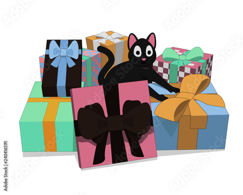 Gray cat and a lot of gifts. The cat is happy holidays and gifts.