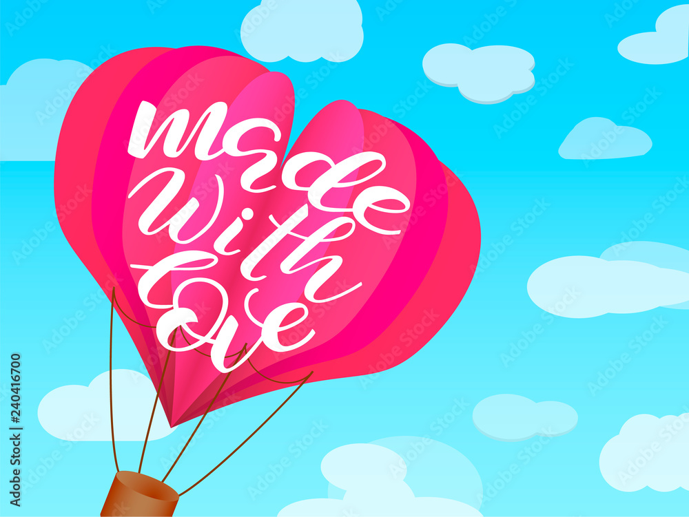 Made with love lettering. Hot air balloon with paper heart float. Paper art style.