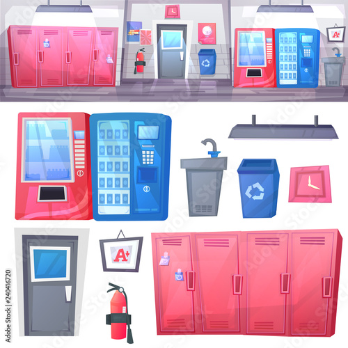 High School hallway interior banner with row of lockers and trash and soda and snack vending machine. 
