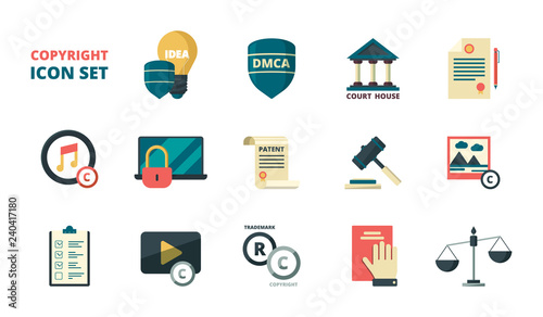 Patent copyright icons. Intellectual property individual personal rights legal regulation quality administration vector symbols. Right copyright and trademark, protection author brand illustration