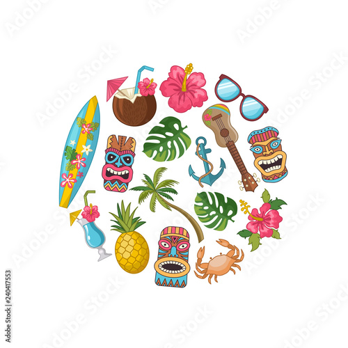 Vector cartoon summer travel elements in circle shape illustration. Hawaii surf and totem mask, guitar and cocktail