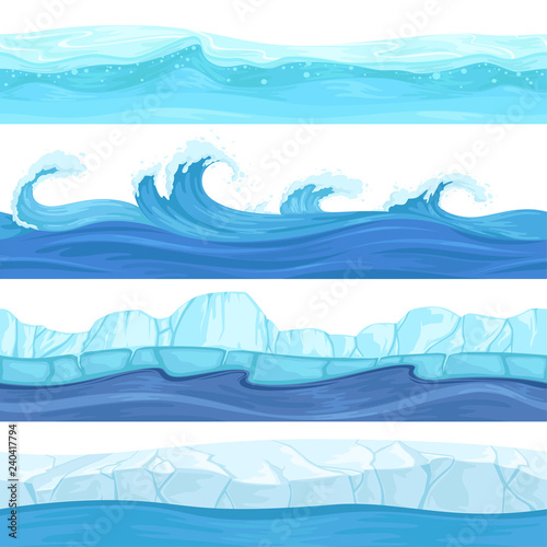 Seamless water waves. Liquid and ice surface ocean and river texture vector backgrounds for 2d platforming games. Sea water pattern wave, marine ice curve illustration