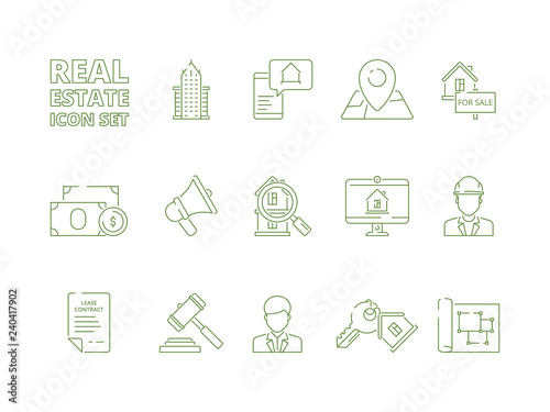 House for sale icons. Realtor rent or selling buildings realty symbols new homeowner vector linear thin pictures. Real estate thin line icon set, residential apartment building illustration