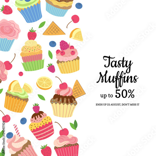 Vector cute cartoon muffins or cupcakes background with place for text illustration. Bakery card  sweet cupcake delicious
