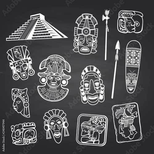 Vector cartoon aztec and maya mask elements set on black chalkboard background illustration. Aztec mask ethnic, idol ritual artwork