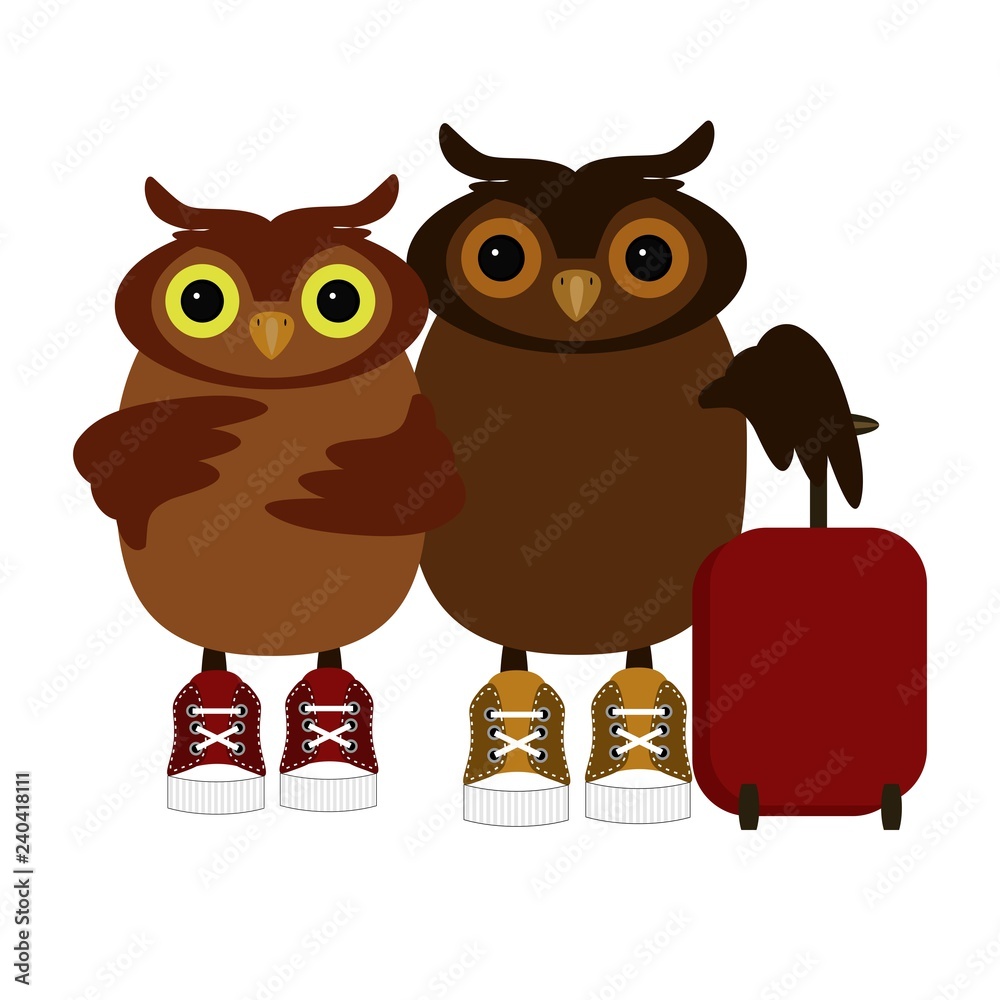 Fototapeta premium nice owls wih baggage isolated on white 