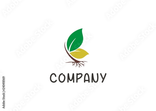 Butterfly logo concept with leaves, stem, and root icon
