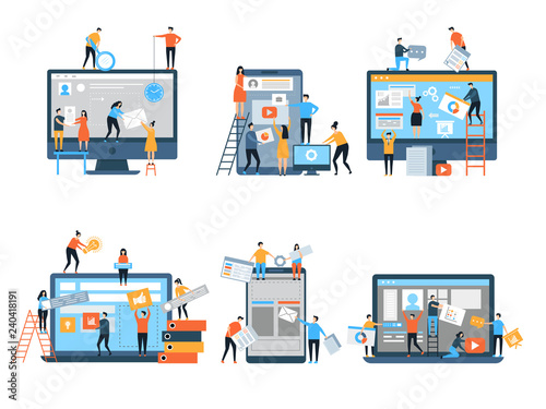 Making site. Web pages under construction seo optimization marketing simple people group business team vector stylized characters. Web programmer making optimization page seo illustration