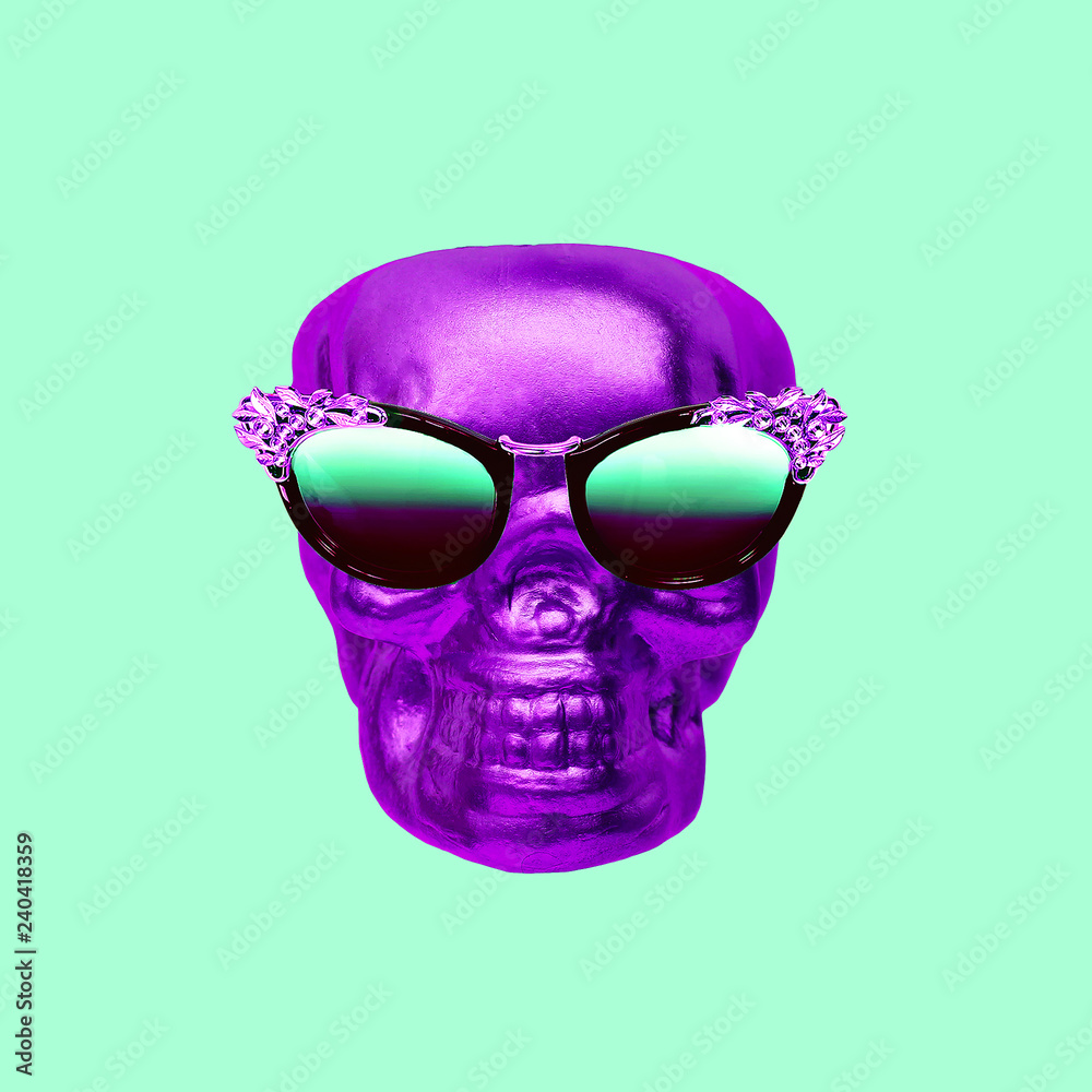 Contemporary art collage.  Purple skull in luxury sunglasses. Minimal art