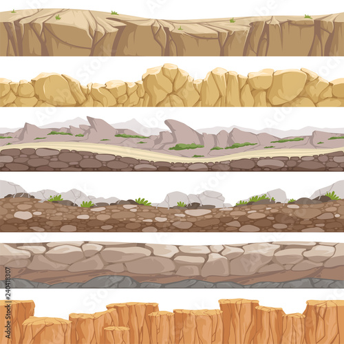 Old rock road seamless. Endless fantastic rockie ground various types games landscape vector backgrounds. Ground scene stony, nature level layer pattern for gui illustration photo