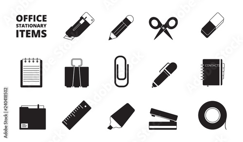 Office equipment icon. Stationary business items shredder keyboard folder paper pencils pens books journal vector black symbols. Stationary and notepad monochrome, black white illustration