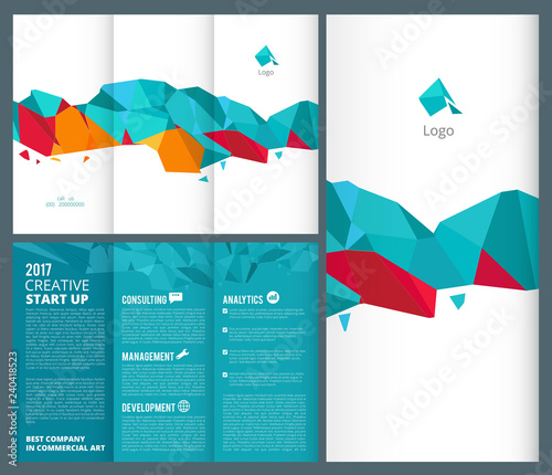 Trifold leaflet. Business brochure folded vector design template. Illustration of startup mockup leaflet, trifold and flyer, booklet with polygonal pattern