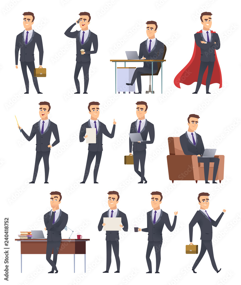 Poses business characters. Professionals male managers working sitting holding business items peoples action pose vector pictures. Illustration of businessman professional, person male business Poses business characters. Professionals male managers working sitting holding business items peoples action pose vector pictures. Illustration of businessman professional, person male business