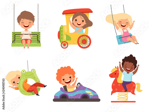 Children amusement park. Happy kids sitting and playing various attractions games smiling male female boys and girls vector characters. Illustration of boy and girl, amusement and entertainment