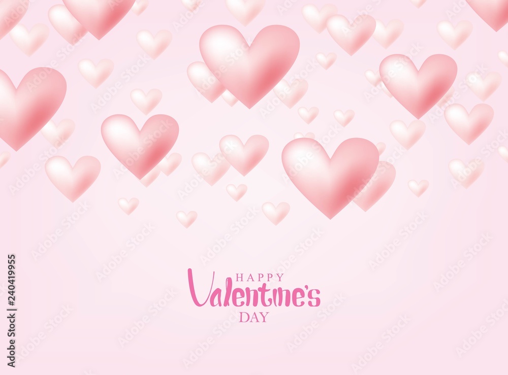 Valentine's Day Vector Design. Happy Valentine's Day with Flying Pink Hearts Isolated in Pink Background