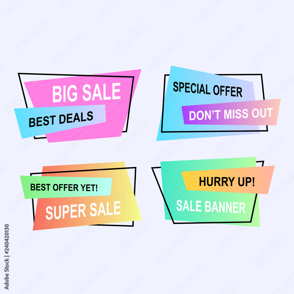 Sale banner collection, discount tag, special offer. Website stickers on a geometry memphis colorful abstract background, web design. Vector illustration.