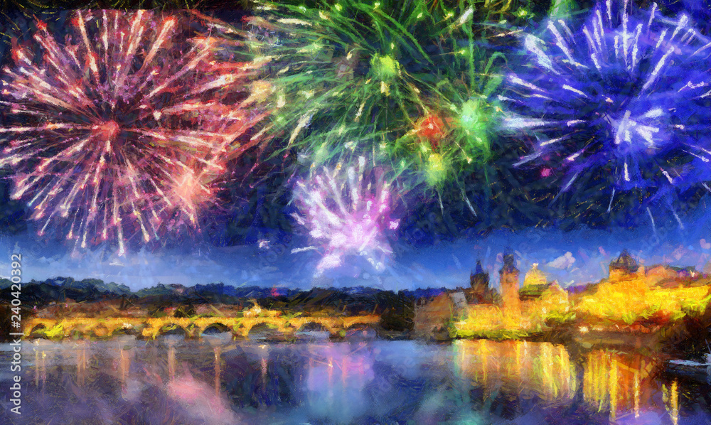 Festive firework over Charles Bridge, Prague,  Czech Republic
