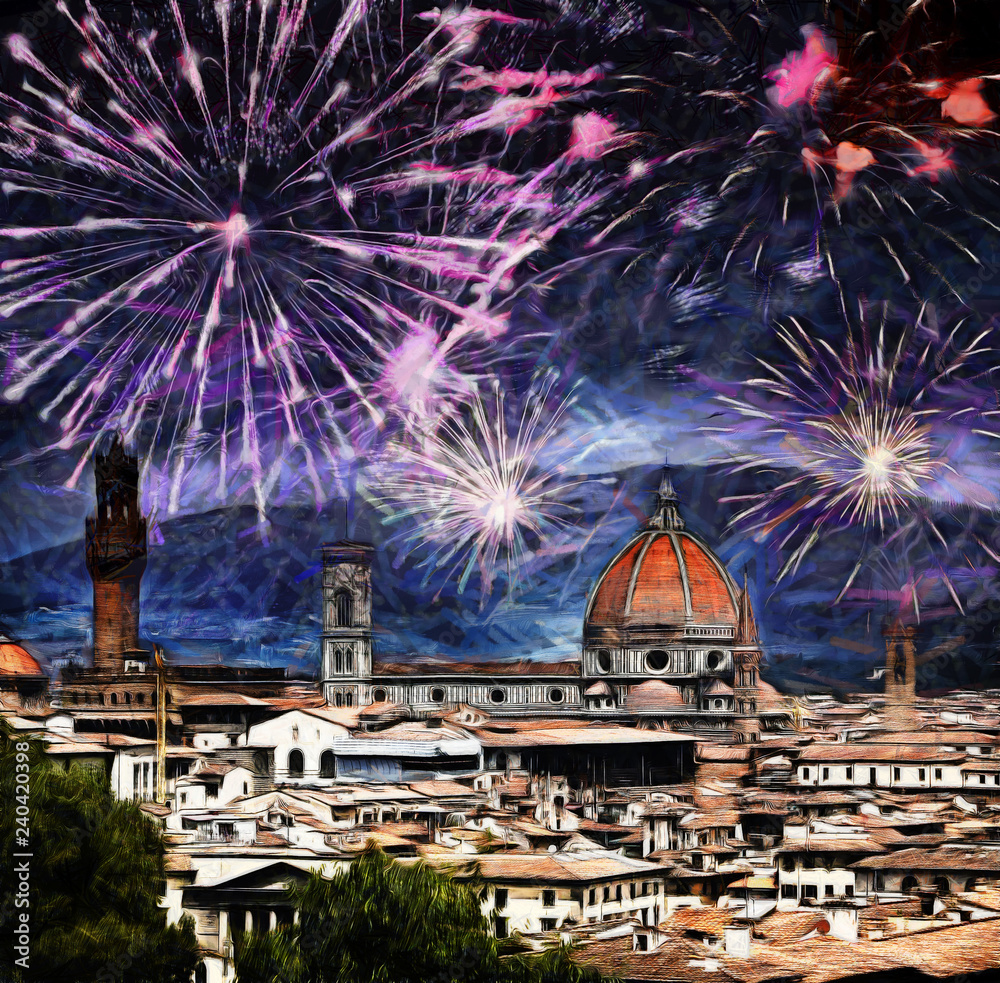 Obraz premium Festive firework over Cathedral Santa Maria del Fiore. Italy. Florence...