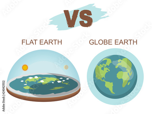 Theory of flat earth. Flat Earth in space with sun and moon vs spherical earth. Vector illustration. isolated on white background